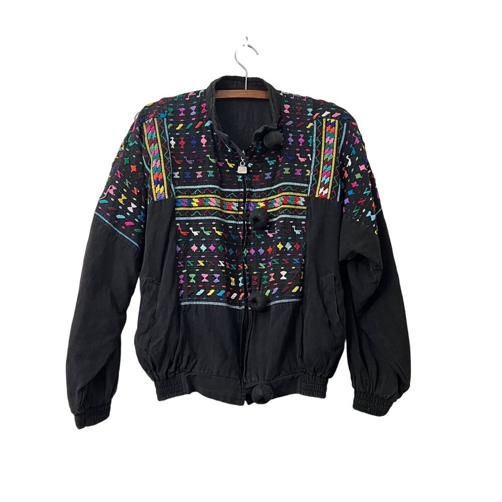 VTG Woven Black Multicolored Embroidered Boho Hipster Full Zip Bomber Jacket L